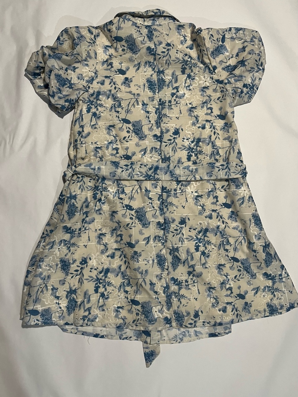 Sam Edelman Cream and Blue Floral Embroidered Lined Tie-Waist Shirt Dress - Picture 4 of 11